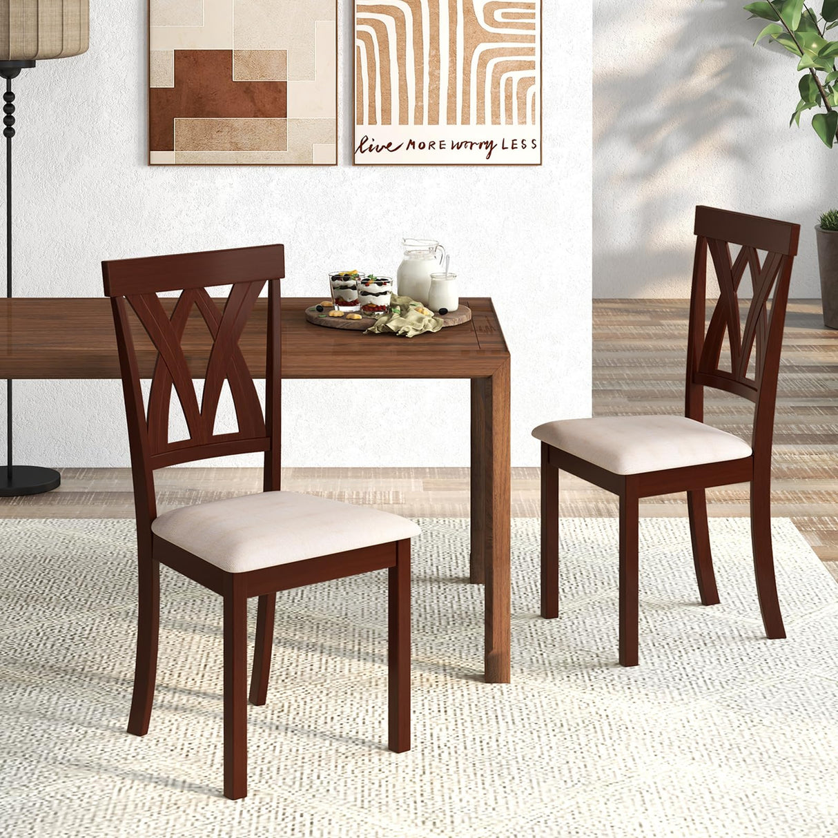 Giantex Wood Dining Chair Set of 2, Wooden Kitchen Chairs with Upholstered Seat, Rubber Wood Legs & Cross Back, Farmhouse Armless Side Chairs for Dining Room, Restaurant, Oak Giantex