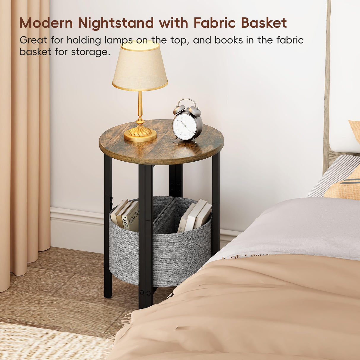 Vagusicc Small Round Side Table, Accent End Table with Storage Basket, Set of 2 Half Round Coffee Table End Table, Half Moon Bedside Table, Modern Nightstand Couch Table for Living Room Bedroom, Brown Vagusicc