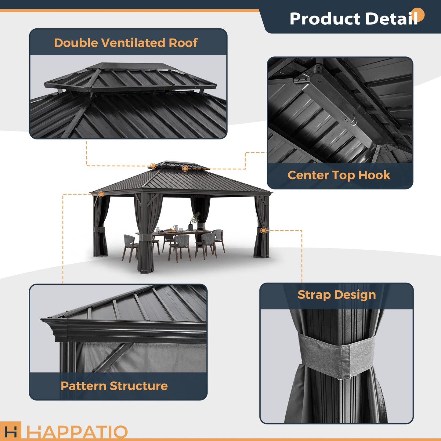 HAPPATIO 12' x 16' Hardtop Gazebo, Outdoor Aluminum Gazebo with Galvanized Steel, Double Roof Permanent Patio Metal Gazebo Canopy with Netting and Curtains for Garden, Patio, Lawns, Parties ( - WoodArtSupply