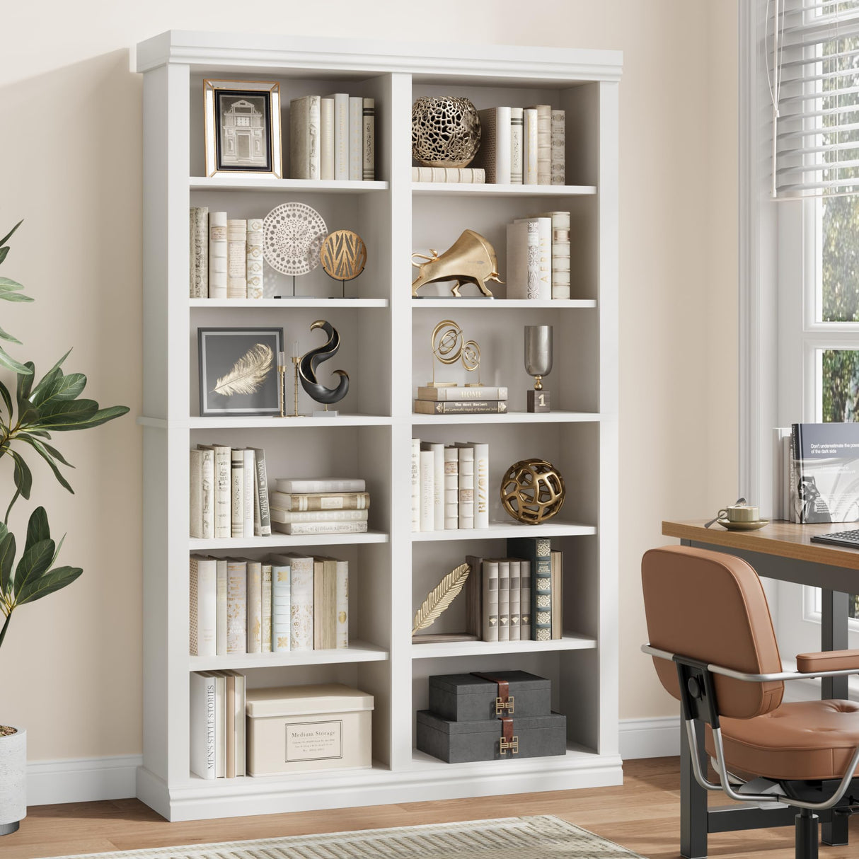 Garvee 74.5" Tall Bookshelf with Double Storage, 6-Tier Large Bookshelf, Double Wide Bookshelves w/ 12 Cubbies, Wide Freestanding Bookcases for Livingroom Office Library (White, 74.5"H*46.1"W*12.4"D) Garvee