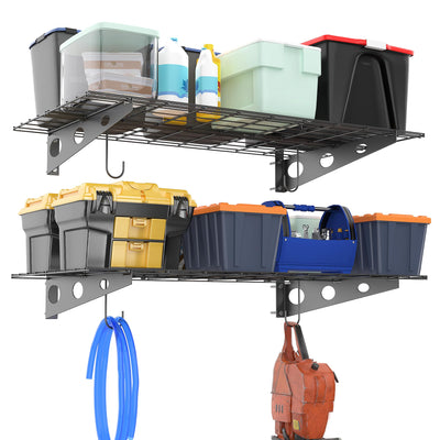 Ultrawall Garage Wall Shelves, 2 x 4 ft Wall Mounted Storage Shelves, Heavy Duty Wall Shelving with Hooks, Holds Up to 220 Lbs, 2Pack, Black