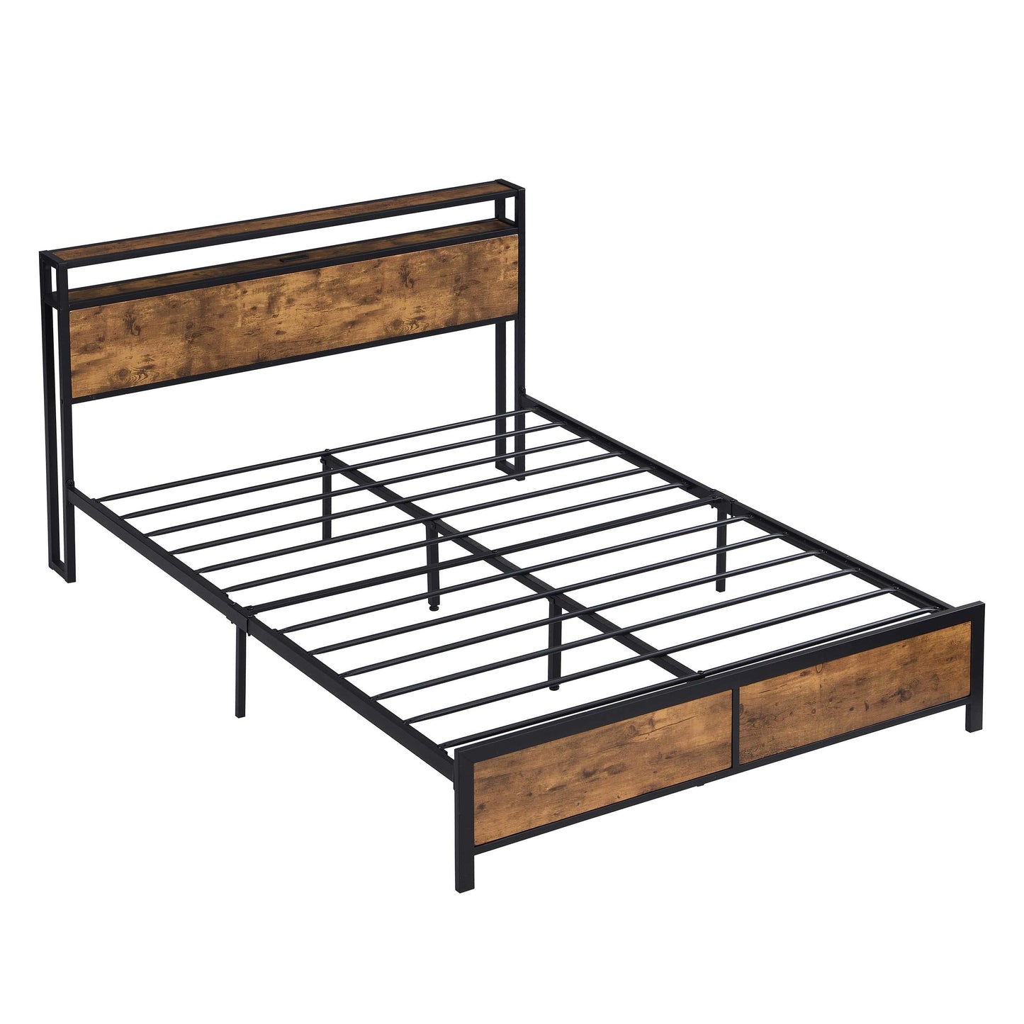 Modern Industrial Full Bed Frame with LED Lights and USB Ports - Stylish Rustic Brown Design with Storage Headboard and Under-Bed Space - WoodArtSupply