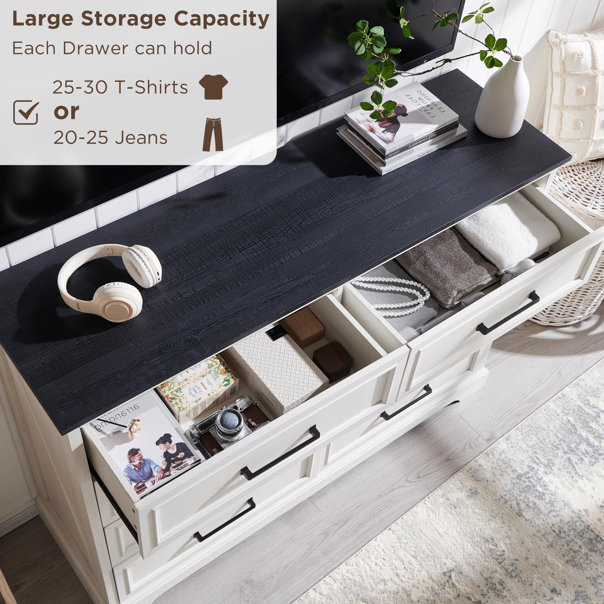 ACCOHOHO Farmhouse 8 Drawers Dresser Chests for Bedroom,52" Wide Wood Rustic Chest of Drawers with Metal Handle,Natural Texture,Drawer Organizer for Bedroom,Living Room,Hallway and Entryway,White ACCOHOHO