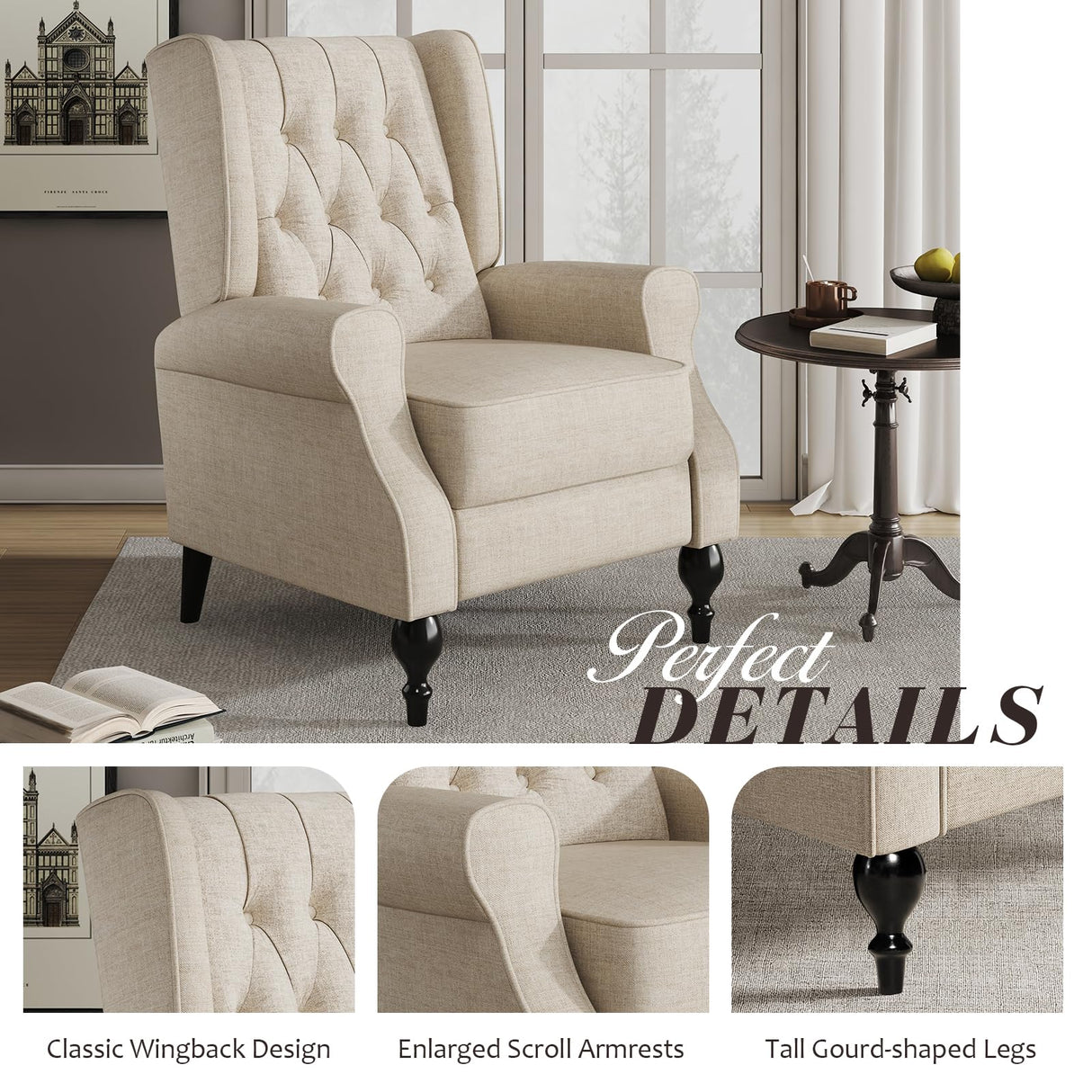 Jocisland Recliner Chair, Accent Wingback Chairs for Adults Living Room Bedroom, Small Tufted Push Back Club Single Sofa Armchair (Beige) Jocisland