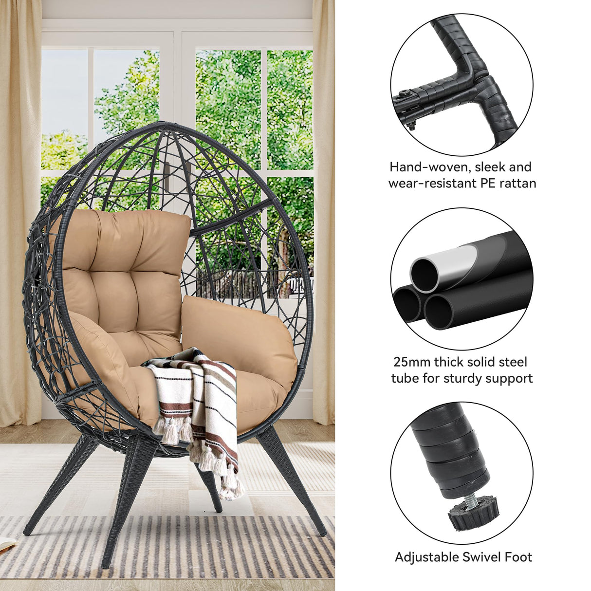 YITAHOME Large Wicker Egg Chair with Stand for Indoor and Outdoor, Cushion, and Adjustable Leveling Feet, Large Lounger for Garden, Patio, Balcony, Backyard,Supports up to 330lbs, Beige YITAHOME