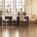 Bar Stools Set of 4, 25.5' Farmhouse Counter Height Barstools, Linen Upholstered Bar Chairs with Ergonomic Backrest and Wood Legs for Kitchen Island, Home Bar, Beige Farati