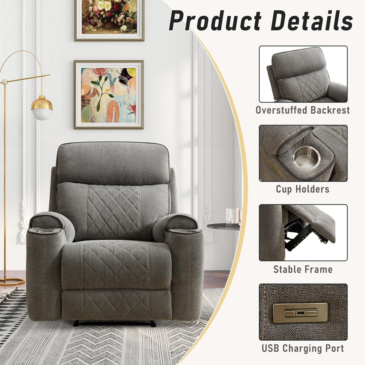HAOMARKETS Electric Recliner Chair, Soft Fabric Power Recliners with Metal Cup Holders, Single Overstuffed Heavy Duty Reclining Sofa Chairs for Living Room Bedroom HAOMARKETS
