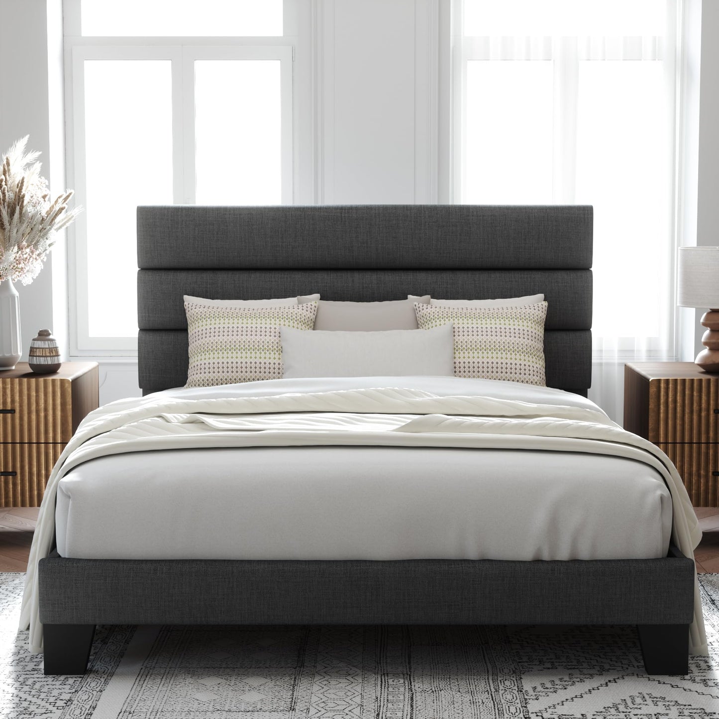 Allewie Queen Size Dark Grey Platform Bed Frame with Upholstered Headboard and Wooden Slats - WoodArtSupply