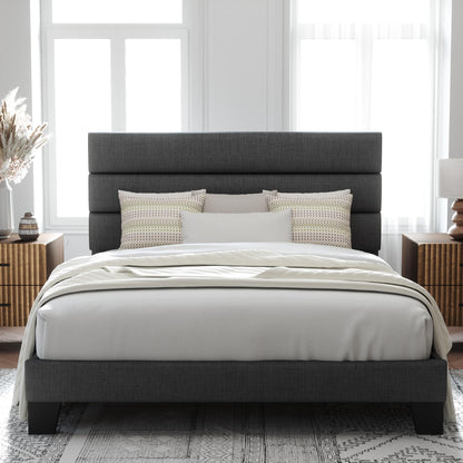 Allewie Queen Size Dark Grey Platform Bed Frame with Upholstered Headboard and Wooden Slats - WoodArtSupply