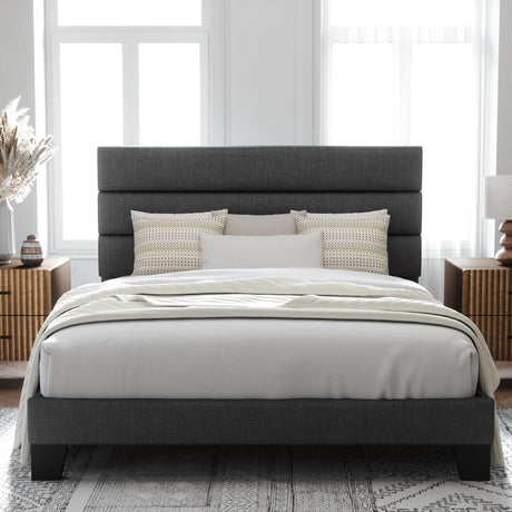 Allewie Queen Size Dark Grey Platform Bed Frame with Upholstered Headboard and Wooden Slats Allewie