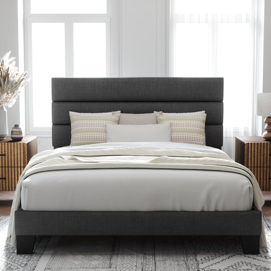 Allewie Queen Size Dark Grey Platform Bed Frame with Upholstered Headboard and Wooden Slats - WoodArtSupply