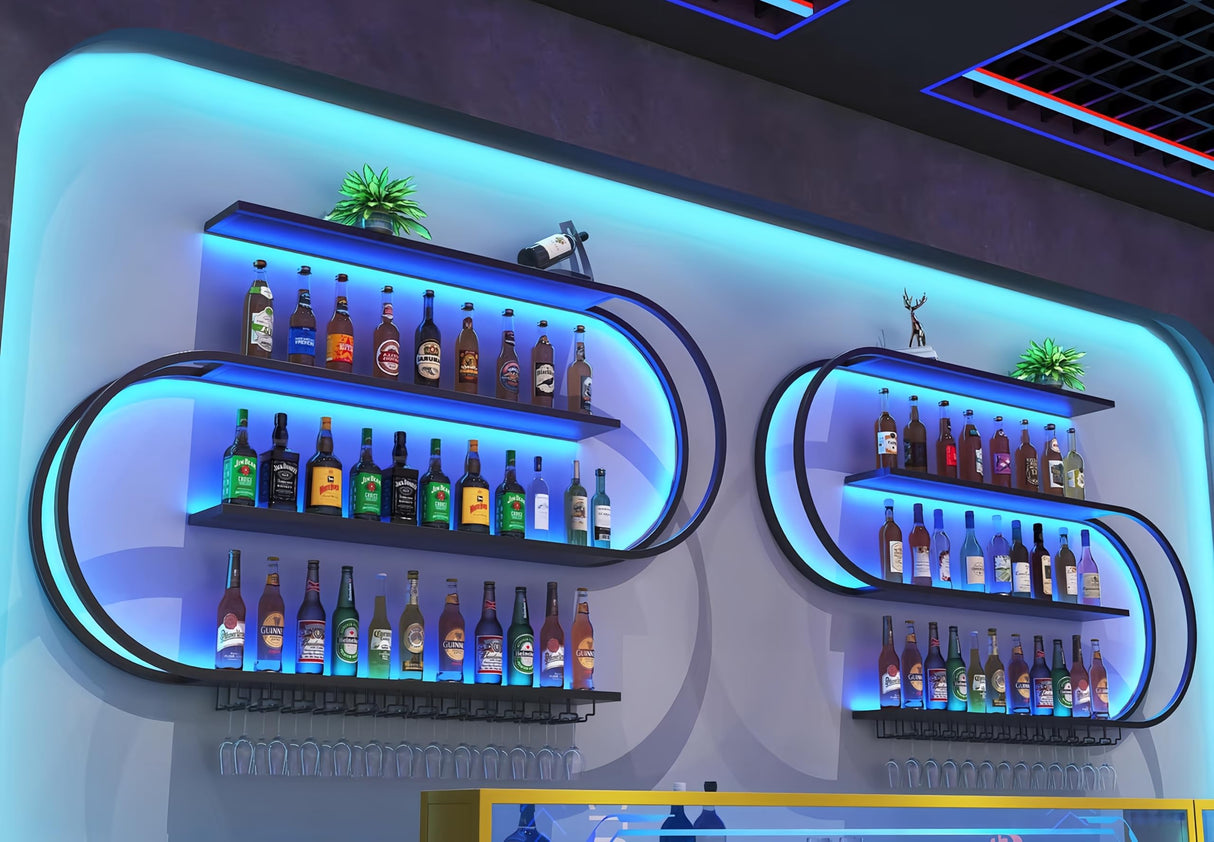 HFTUW 39 Inch Wall-Mounted Wine Rack with Led Light, 4-Tier Half Round Bar Shelves, Industrial Metal Display Storage Shelf & Wine Glass Hooks for Home Bar, Dining Room(Black-Blue Led, 39in/100cm) HFTUW