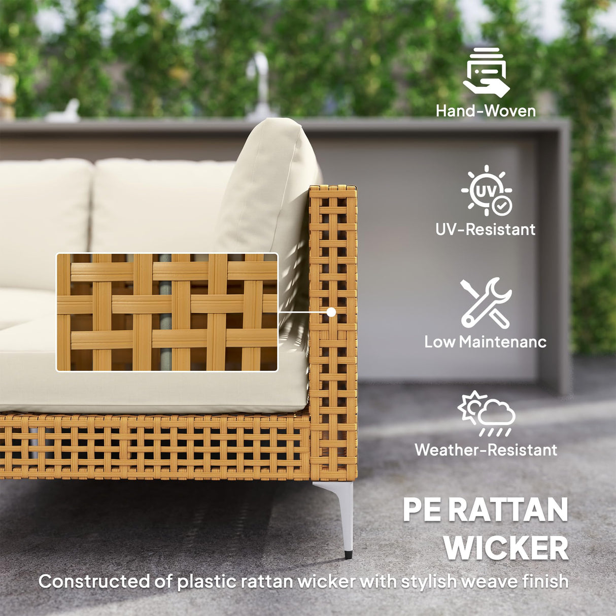 Outsunny 7 Piece Wicker Patio Furniture Set, Modular Outdoor Sectional with Thickened Cushions, Rattan Outdoor Furniture Conversation Set with Slatted Acacia Wood Table for Backyard, Khaki/Beige Outsunny