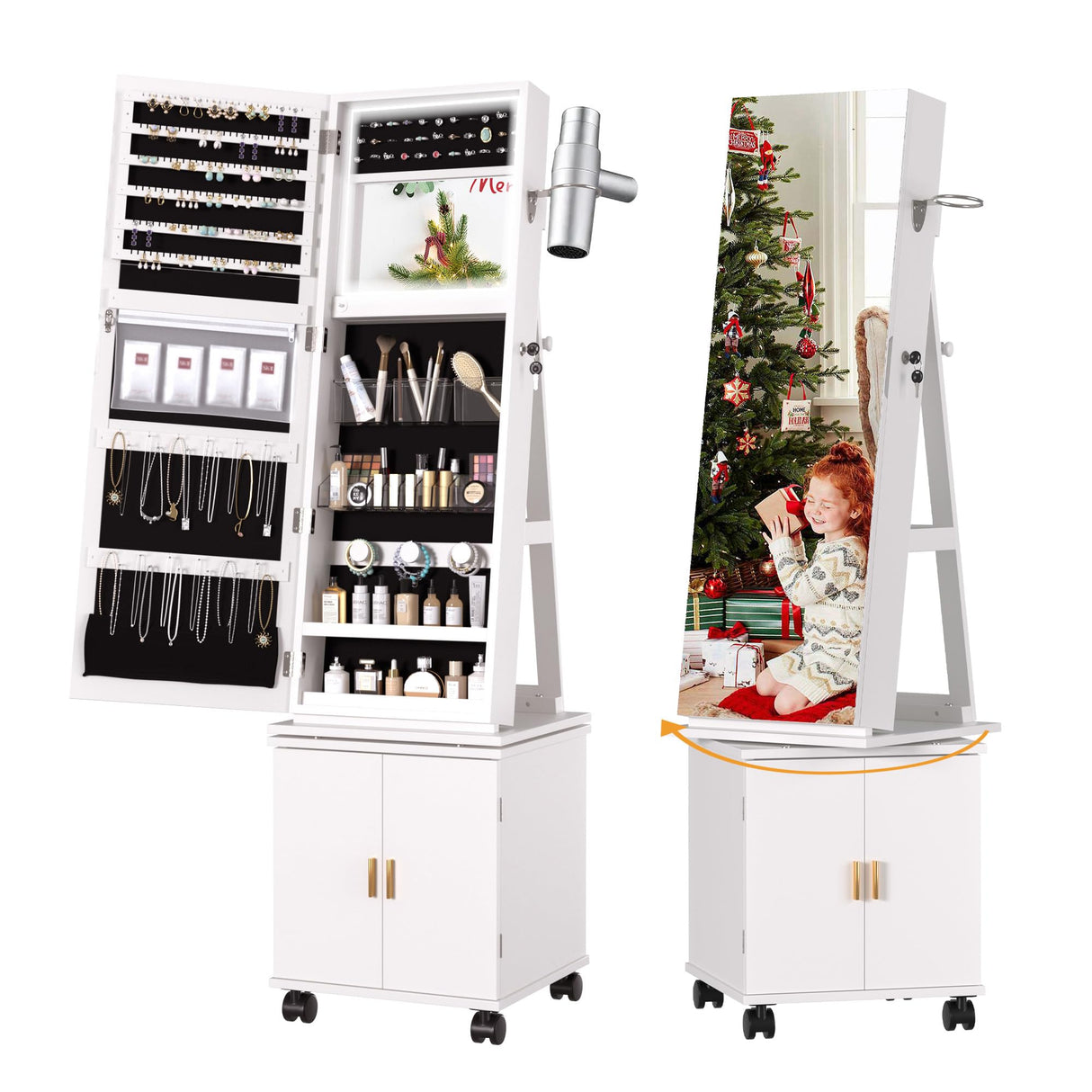 VECELO Jewelry Cabinet Standing Full Length Mirror with Interior LED Lights, 360° Swivel Lockable Jewelry Armoire with Bottom Cabinet Back Storage Shelf and Four Wheels, White VECELO