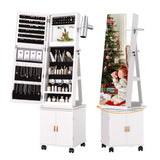 VECELO Jewelry Cabinet Standing Full Length Mirror with Interior LED Lights, 360° Swivel Lockable Jewelry Armoire with Bottom Cabinet Back Storage Shelf and Four Wheels, White VECELO