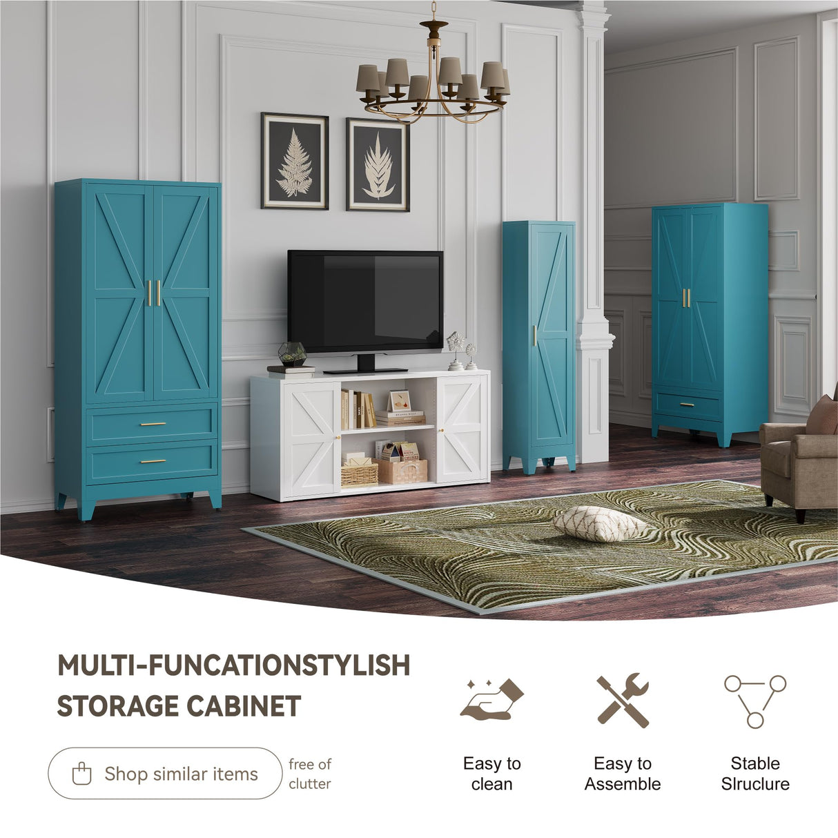 Baborokic Metal Wardrobe Cabinet with Hanging Rod, 71" Armoire Wardrobe Closet with 2 Drawers,Farmhouse Metal Clothing Storage Cabinets with Door and Adjustable Shelves for Bedroom,Laundry Room(Blue) Baborokic