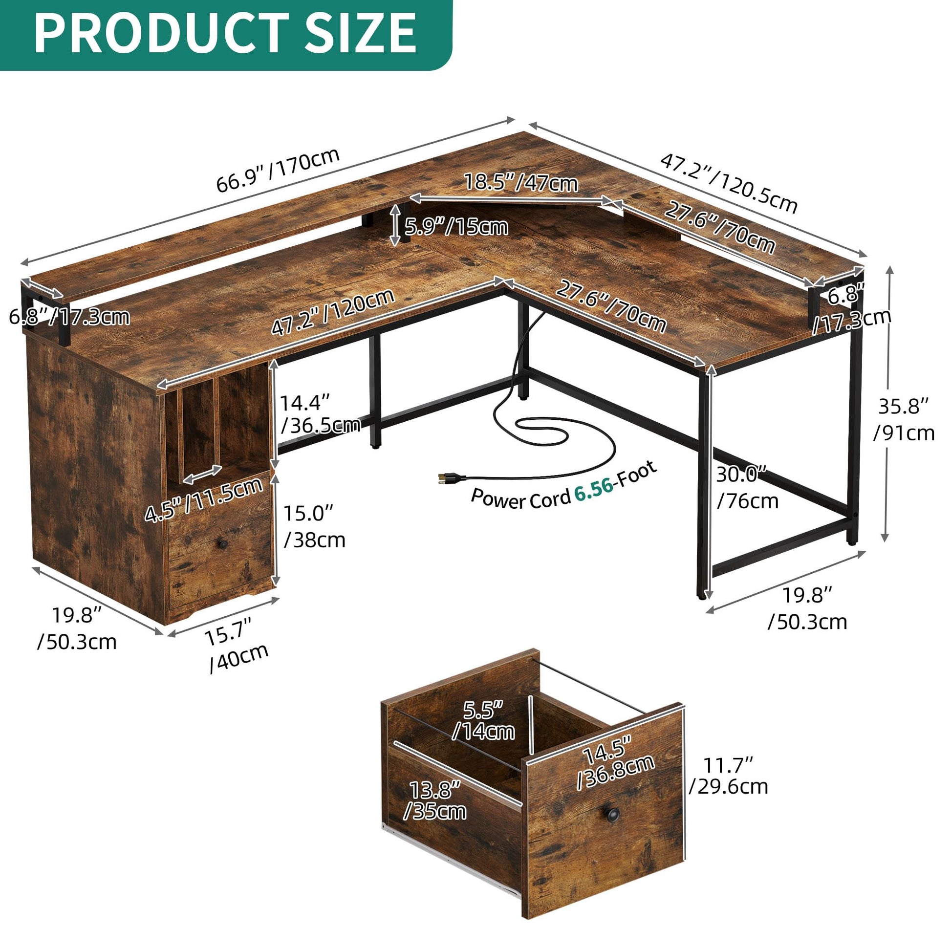 YITAHOME L Shaped Desk with Power Outlets & LED Lights, 67" Computer Desk with File Drawer, Corner Desk Home Office Desk with Monitor Stand & 3 Cubbies Storage Shelves, Rustic Brown - WoodArtSupply