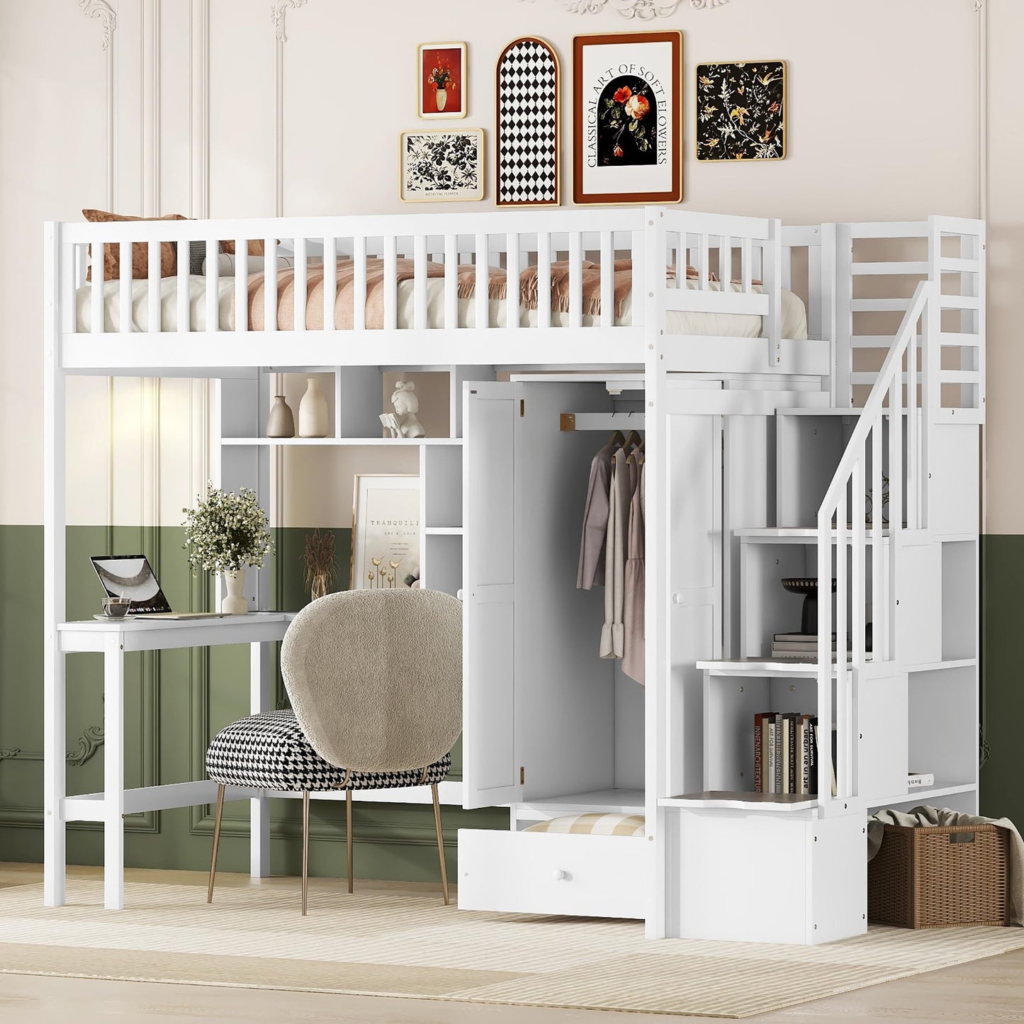 Twin Loft Bed with Desk, Bookshelf, Storage & Stairs by Harper & Bright Designs - Solid Wood in White - WoodArtSupply