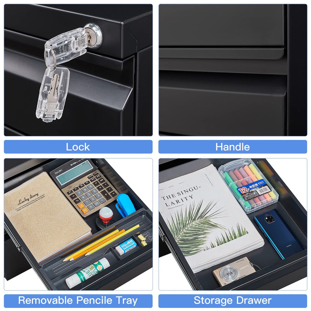 Yizosh 3 Drawer Mobile File Cabinet with Lock, Black Under Desk Rolling Filing Cabinet, Metal Locking File Cabinet on Wheels for Legal/Letter/A4 File (Full Assemble) Yizosh