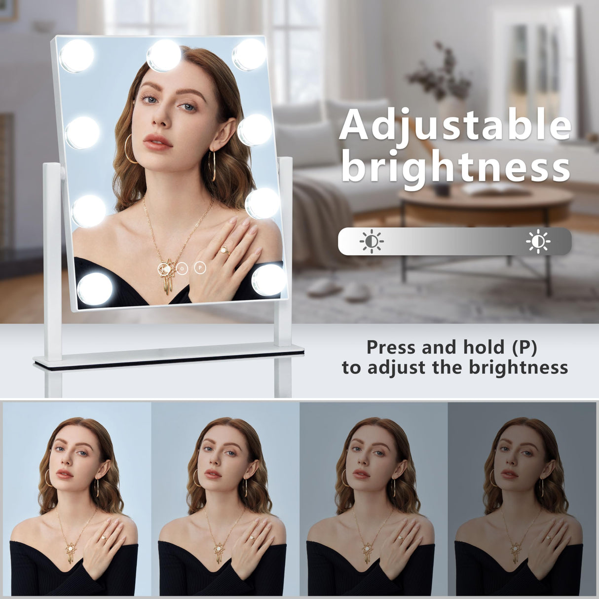 Kotdning Vanity Mirror with Lights,Lighted Vanity Mirror with 9 Dimmable Bulbs for Dressing Room & Bedroom,3 Color Lighting,Modes Detachable 10x Magnification 360°Ratation(White) 12" L x 14.4" W Kotdning