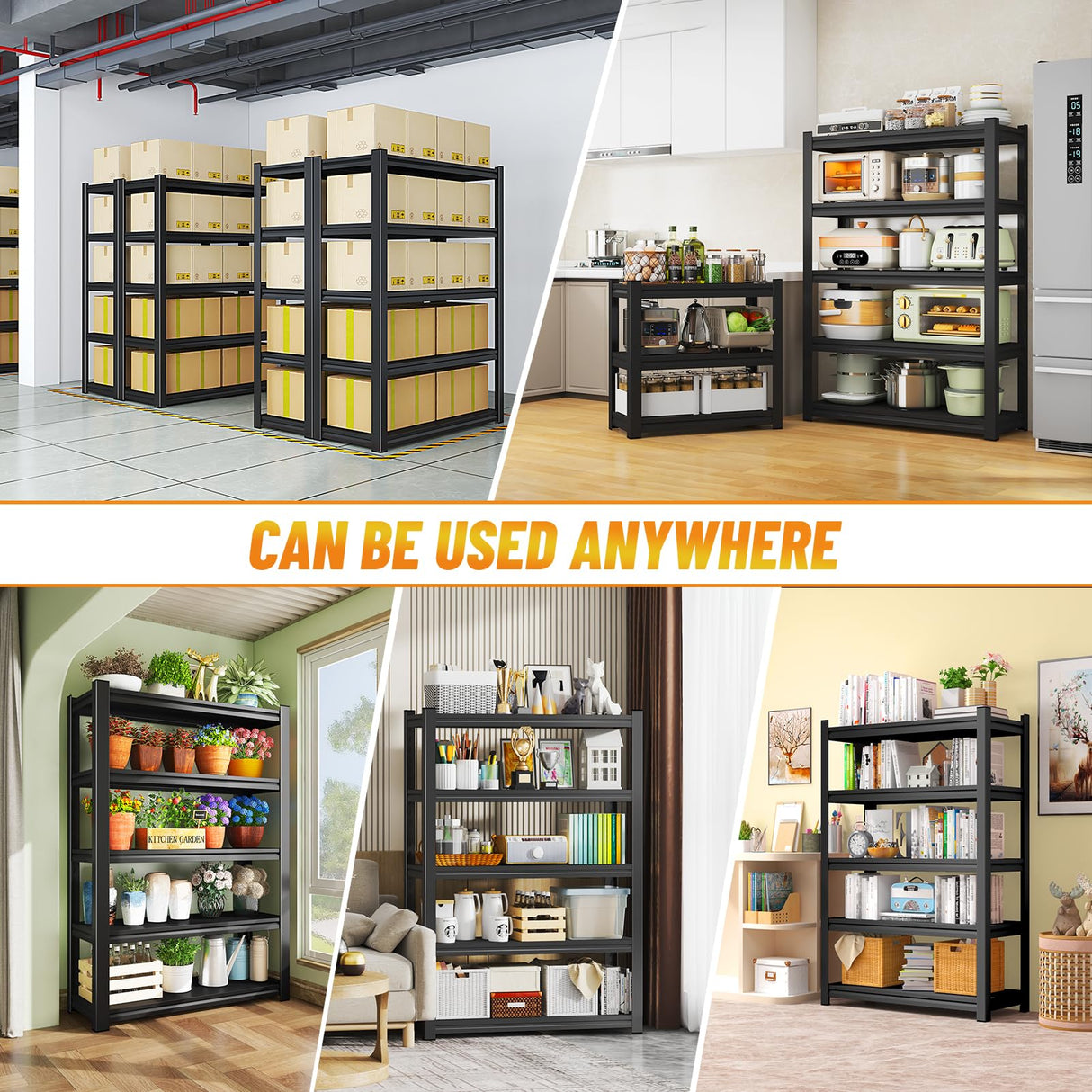 LLIIFFEE 72" H|59.1" W Storage Shelves Heavy Duty Adjustable 5 Tier Garage Shelving 3000 lbs Metal Shelf Industrial Utility Rack for Warehouse, Pantry, Basement, Workshop Storage & Organization LLIIFFEE