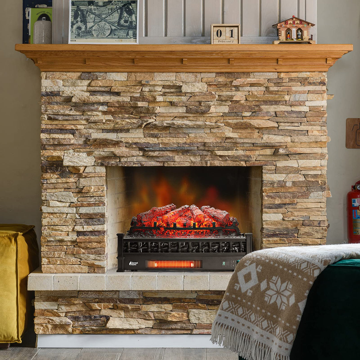 TURBRO Eternal Flame 26-Inch Infrared Quartz Electric Fireplace Log Heater, Realistic Pinewood Logs, Adjustable Flame Colors, Remote Control, Thermostat, Timer, EF26-PB, 1500W TURBRO