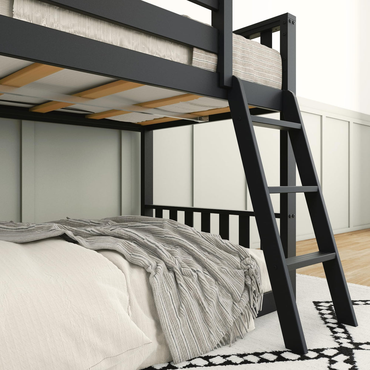Max & Lily Low Bunk Bed, Scandinavian Modern Bunk Bed, Solid Wood Twin-Over-Twin Bed Frame for Kids, No Box Spring Needed, Black Max & Lily