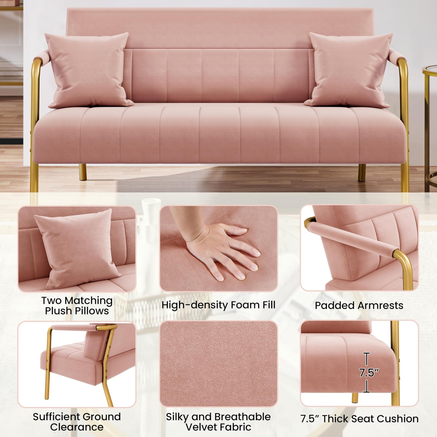 Yaheetech 56.5" W Modern Loveseat 2 Seater Sofa Luxurious Velvet Fabric Couch with Gold-Tone Metal Arms and Legs for Living Room, Home Office, Studio Pink