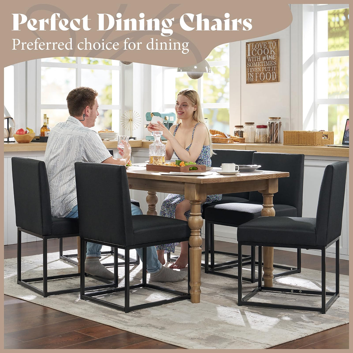 AMERLIFE Mid Century Linen Dining Chairs Set of 6, Modern Upholstered Dinner Chairs with Metal Frame for Restaurant, Dining Room, Kitchen, Black Padded Chairs AMERLIFE