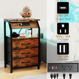 SZLHANJZ End Table with Charging Station, Nightstand with LED Lights and 3 Drawers, Small Dresser with Fabric Storage, Retro Side Table for Bedside, Living Room Dorm, Rustic Brown SZLHANJZ