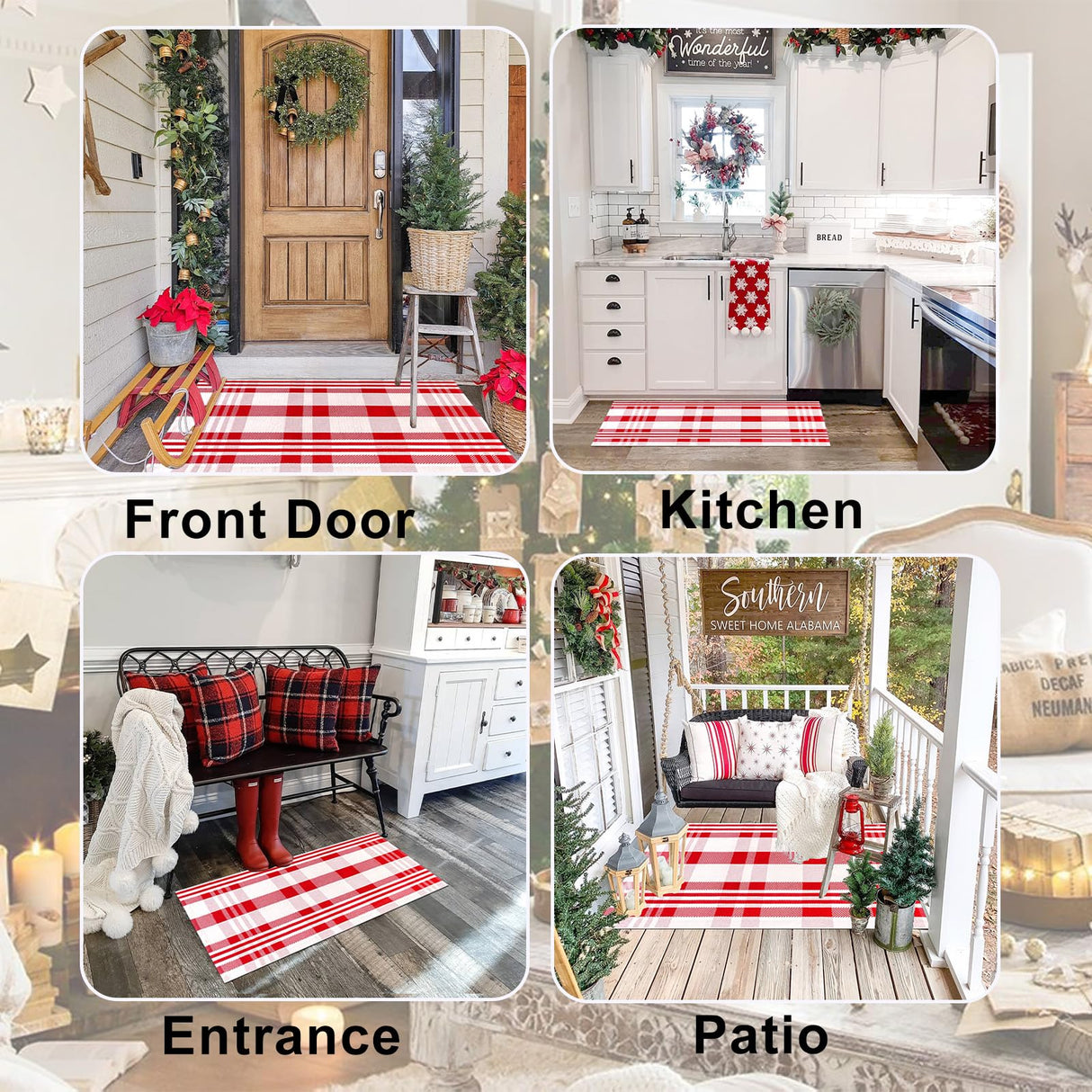 Fallovea Christmas Rugs Red and White Plaid, 28 x 43 Inches Area Rug Outdoor Indoor Front Porch Doormat Cotton Hand-Woven Layered Door Mats for Entryway Patio Entryway Laundry Bedroom Living Room Fallovea