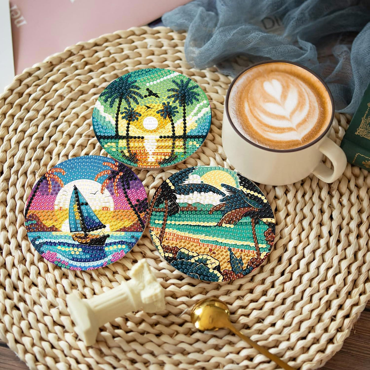 CAMOYAI 8 pcs Beach Diamond Art Coasters Kits with Holder, DIY Landscape Diamond Painting Coasters,Diamond Art Kits for Adults Beginners CAMOYAI