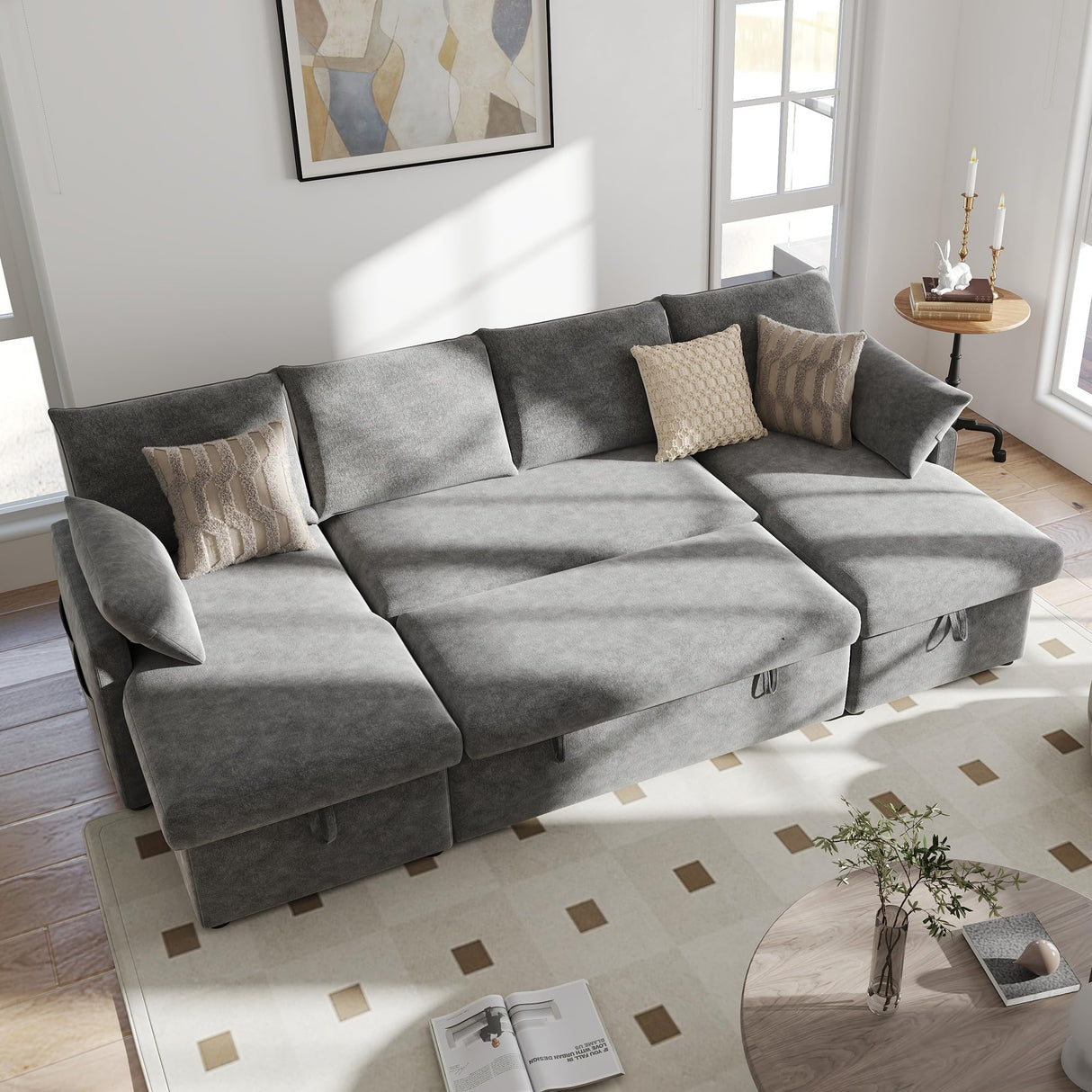 Real Relax 104'' Sofa Bed, U Shaped Chenille Sleeper Sofa Couch with Pull Out Bed and Chaise Storage for Living Room, Apartment and Office, Dark Gray Real Relax