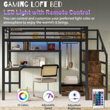 MoproBeti Full Size Loft Bed with Desk and Stairs,Metal Gaming Loft Bed with LED,Charging Station, High Loft Bed Full with Storage Shelves,Wardrobe and Drawers for Kids Teens, Adults, Black MoproBeti