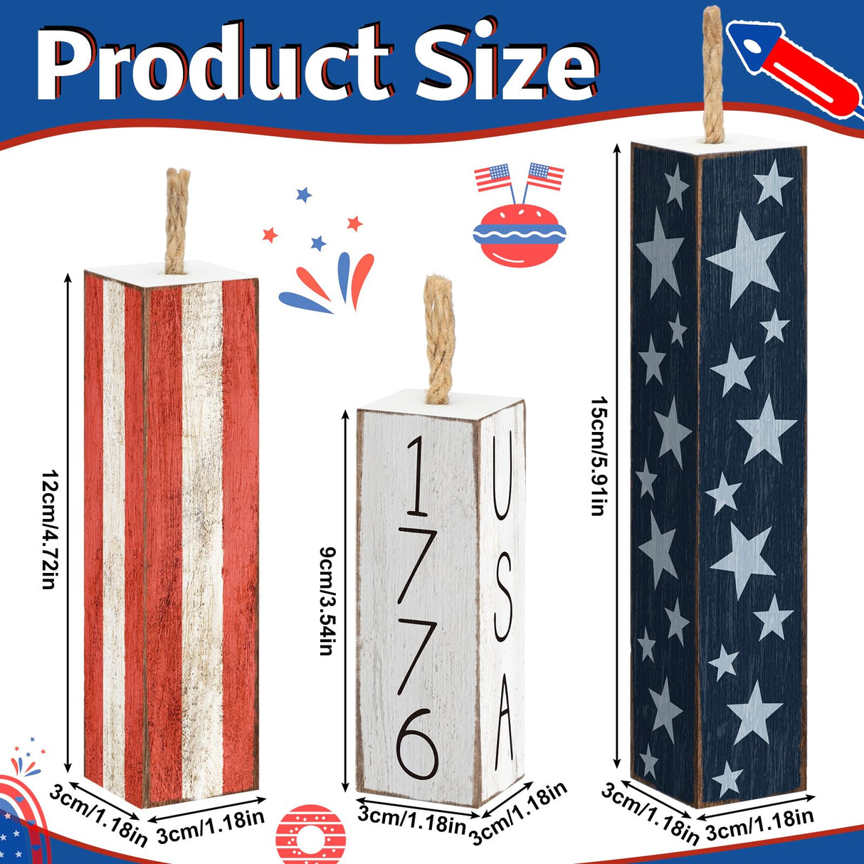 Amyhill 3 Pcs 4th of July Wooden Table Decorations Patriotic Table Centerpieces Independence Day Wood Firework Fourth of July Table Signs for Home Farmhouse Decor(Classic Style) Amyhill