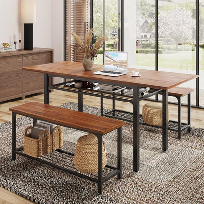 Halitaa 3-Piece Dining Table Set for 4-8, Kitchen Table Set with Metal Frame & Wooden Board，63" Extendable Dining Room Table Set with Storage Rack and 2 Benches (Walnut) - WoodArtSupply