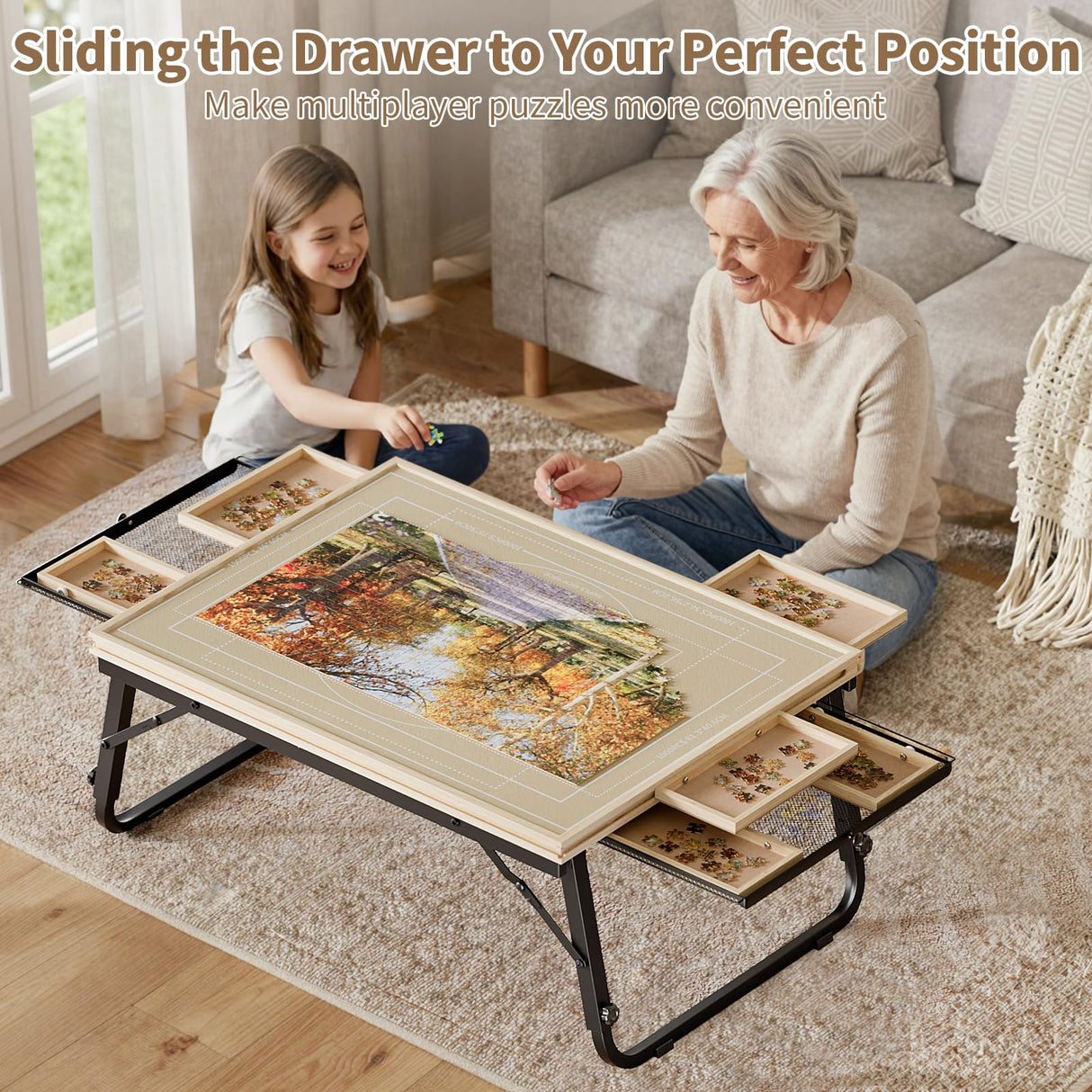 Puzzle Table with Drawers for 1500 Piece Jigsaw Puzzles – Adjustable Tilting Puzzle Board with Folding Legs & 6 Slidable Sorting Trays for Adults, Portable Wooden Puzzle Boards with Protective Cover EVAWOO