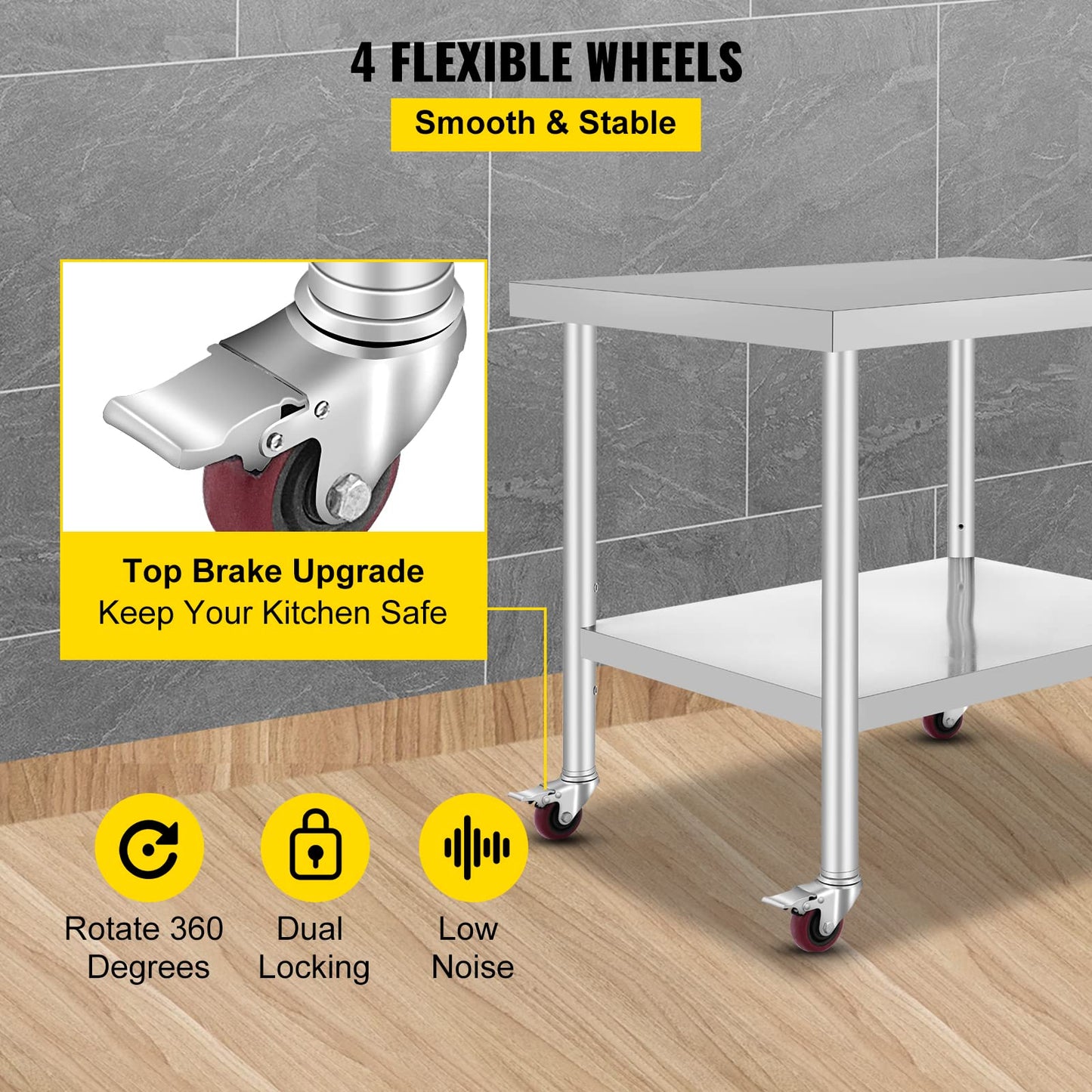 Mophorn 30x36x34 Inch Stainless Steel Work Table 3-Stage Adjustable Shelf with 4 Wheels Heavy Duty Commercial Food Prep Worktable with Brake for Kitchen Prep Work
