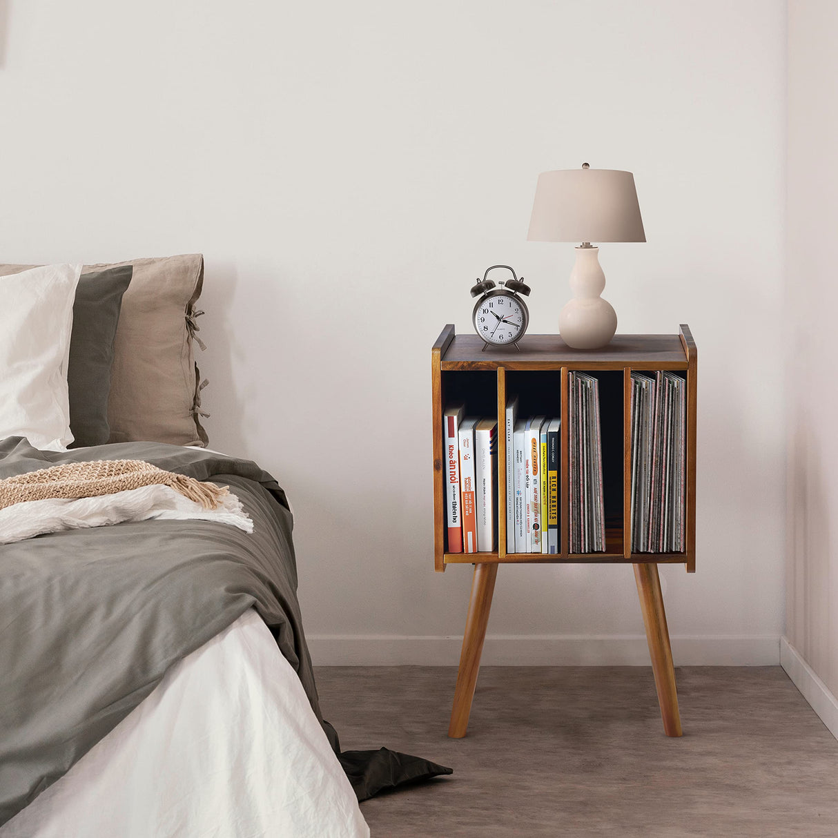 2BHOME Wooden LP Record Player Stand with 4 Cabinets, Holds up to 100 Vinyls, Metal Record Storage Holder and Organizer Table, Classical Design for Files/Book (Mid-Century Modern) 2BHOME