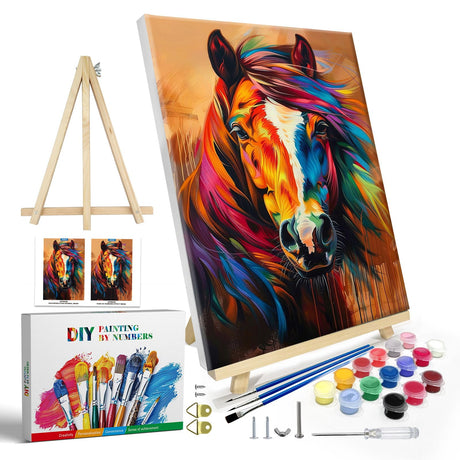 JOOZ Paint by Numbers Kit for Adults with Frame, Horse Paint by Number with Easel, DIY Colorful Horse Oil Painting by Numbers, Adult Paint by Number Kits Framed Canvas for Home Wall Decor 8x12 Inch JOOZ