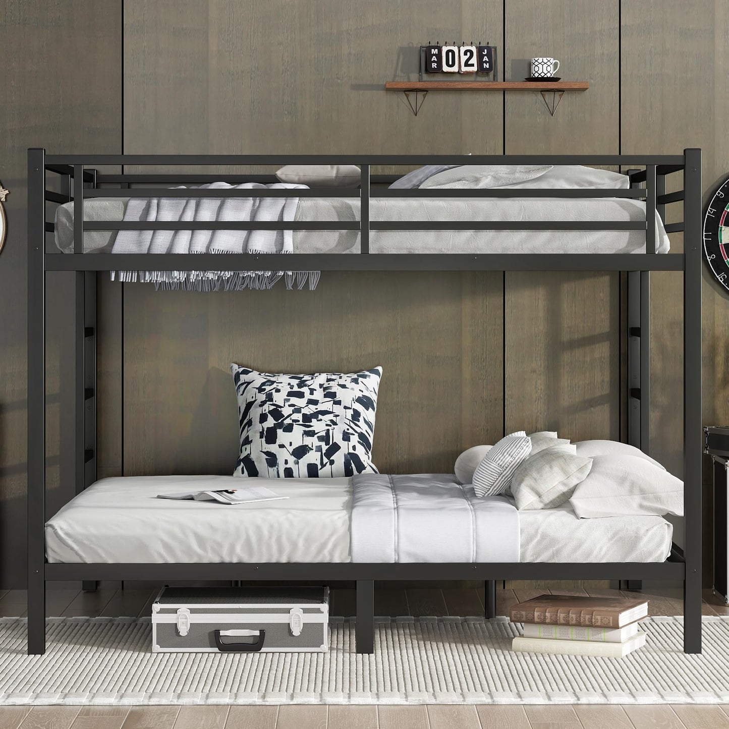 Queen Over Queen Bunk Bed for Adults, Queen Bunk Beds with 2 Ladder and Full Length Guardrail, Heavy Buty Metal Bunk Beds Queen Size/Queen Size Bunk Bed for Adults, Teens(Queen, Black)