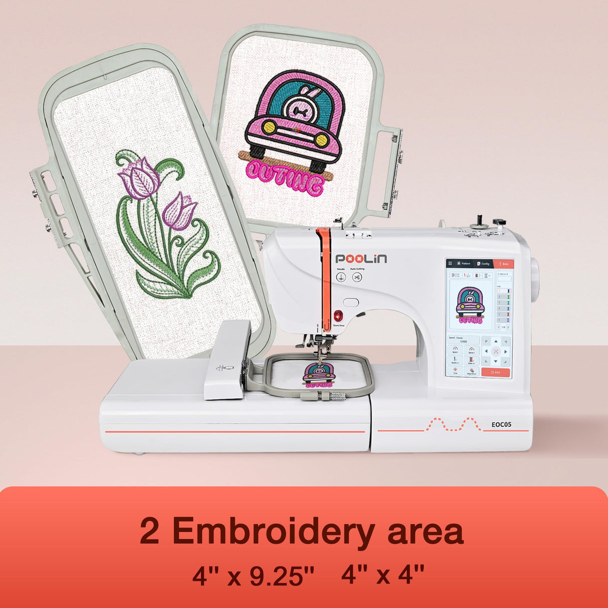 EOC05 Embroidery Machine 4 x 9.25 Inch Large Hoop Embroidery Area,Computerized Embroidery Machine with 7 Inch LCD Color Touchscreen,USB,with Starter Bundle Machine Embroidery for Beginners Poolin