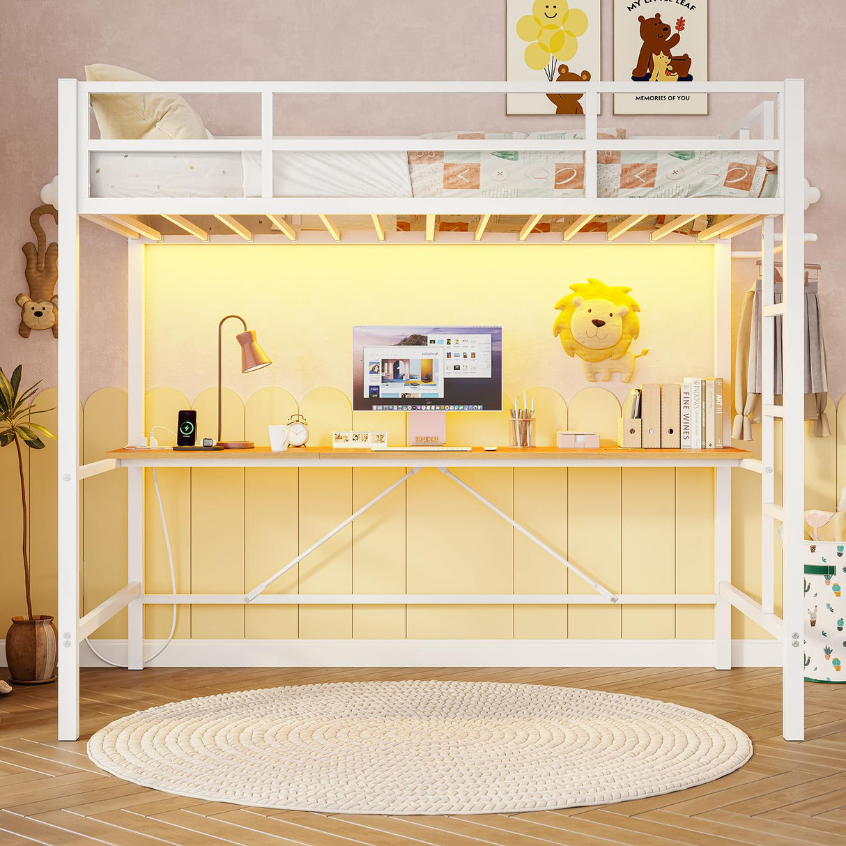 DICTAC Twin Loft Bed with Desk and Charging Station Twin Size Metal Bed Frame with LED Lights Metal Platform Bed,Top Bunk with Safety Guardrail and Stair, Space-Saving,No Box Spring Needed, White DICTAC