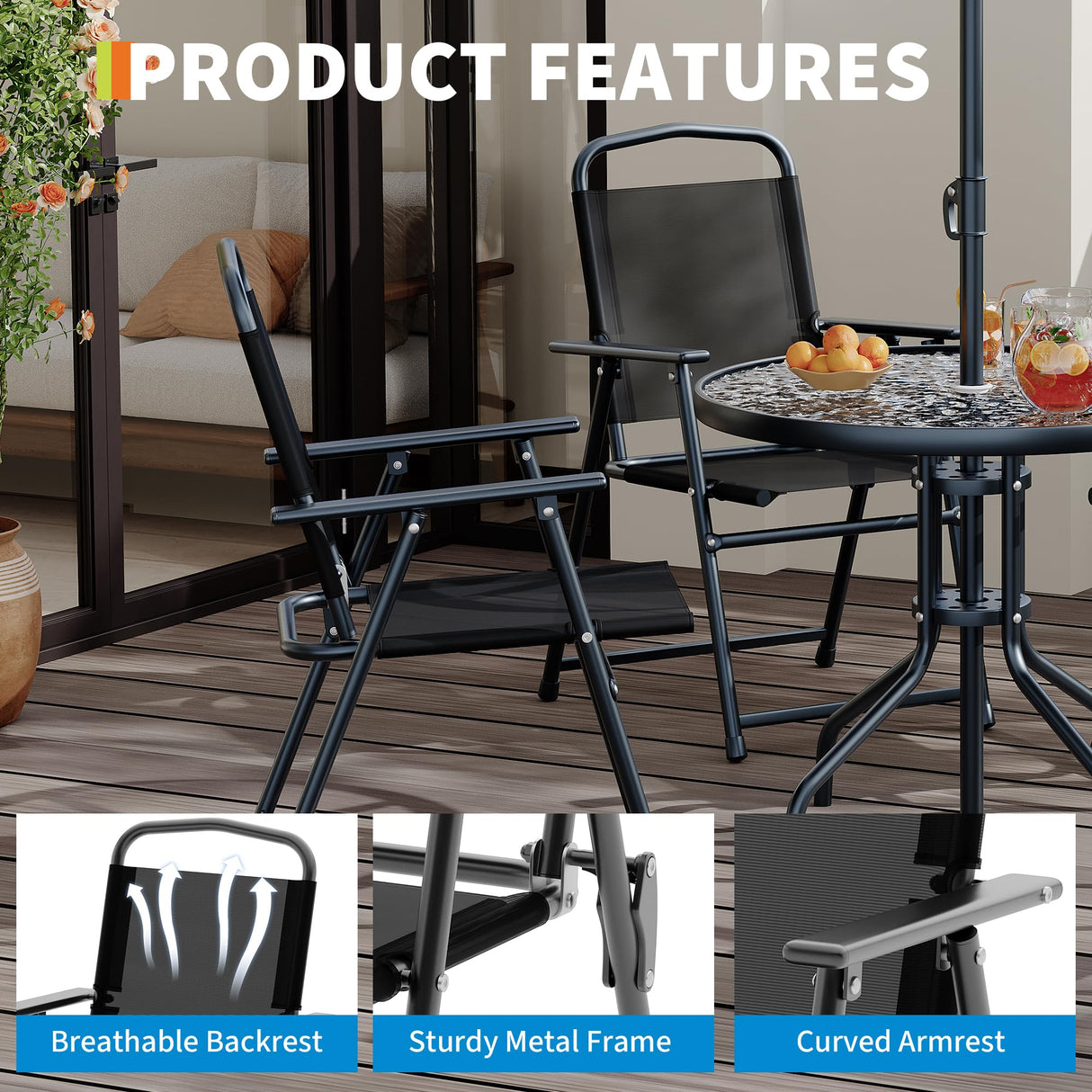 GarveeLife Patio Dining Set for 4 With Umbrella, Outdoor Furniture Set With 4 Folding Dining Chairs, Outdoor Table Umbrella Set With Tempered Glass Top Dinings Table GarveeLife