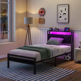 HOJINLINERO Twin Bed Frame with Storage Headboard/LED Lights,Metal Bed Frame Twin Size with Charging Station,Twin Platform Bed Frame No Box Spring Needed,Beds Base,Heavy Duty Metal Slats Support,Black HOJINLINERO