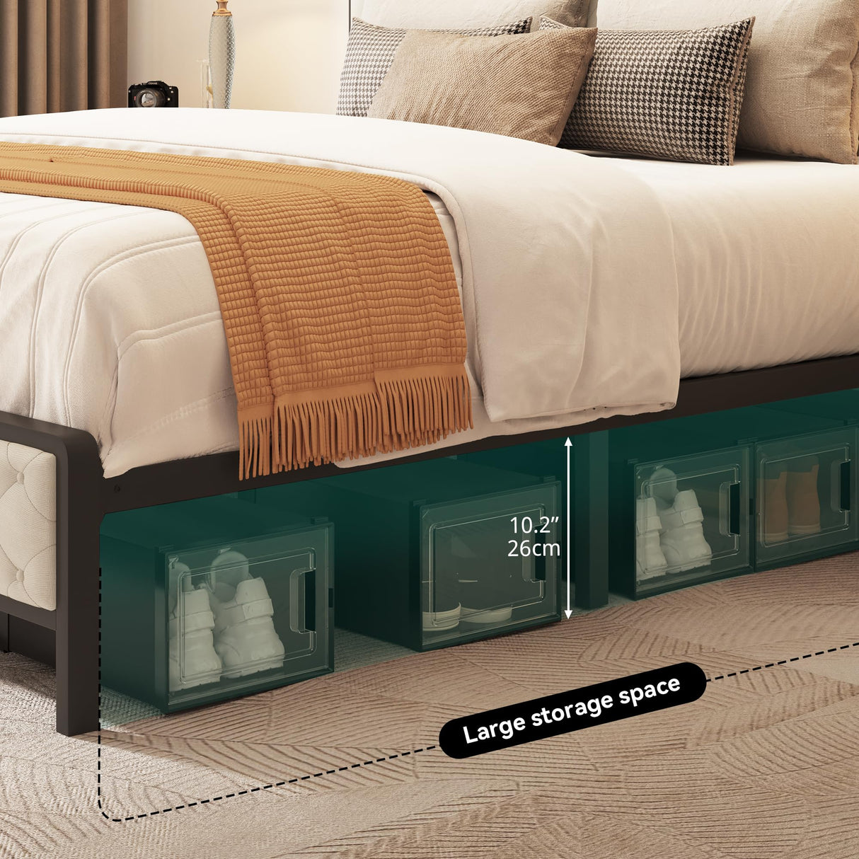 YITAHOME Queen Size Bed Frame, Platform Bed Frame with Charging Station, Upholstered Storage Headboard & Footboard Metal Slats Supports Mattress Foundation, No Box Spring Needed, Beige(No Drawers) YITAHOME