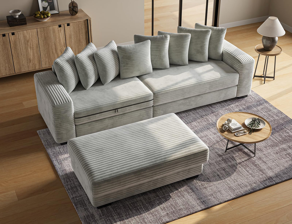 ohllob 110" Modular Sectional Sofa, L Shaped Couch with Chaise Lounge, Fluffy Corduroy Cloud Couch with Deep Seat for Living Room (Light Grey) ohllob