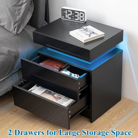 HOMMPA Set of 2 LED Nightstands Black Nightstand with Led Lights Modern Night Stand with 2 High Gloss Drawers Led Bedside Table Smart Nightstand for Bedroom 20.5” Tall HOMMPA