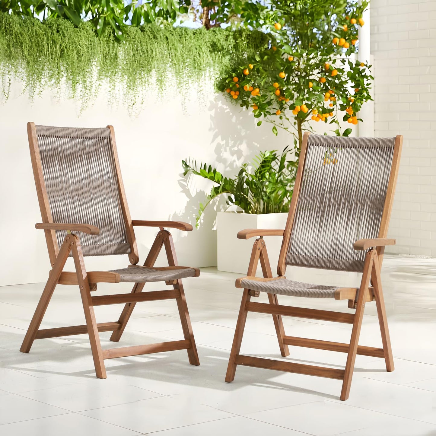 OC Orange-Casual Folding Patio Dining Chair Set of 2, Outdoor Acacia Wooden Rope Reclining Chair w/Armrest, FSC Certified Wood, for Porch, Backyard, Garden, Indoor, Beige - WoodArtSupply