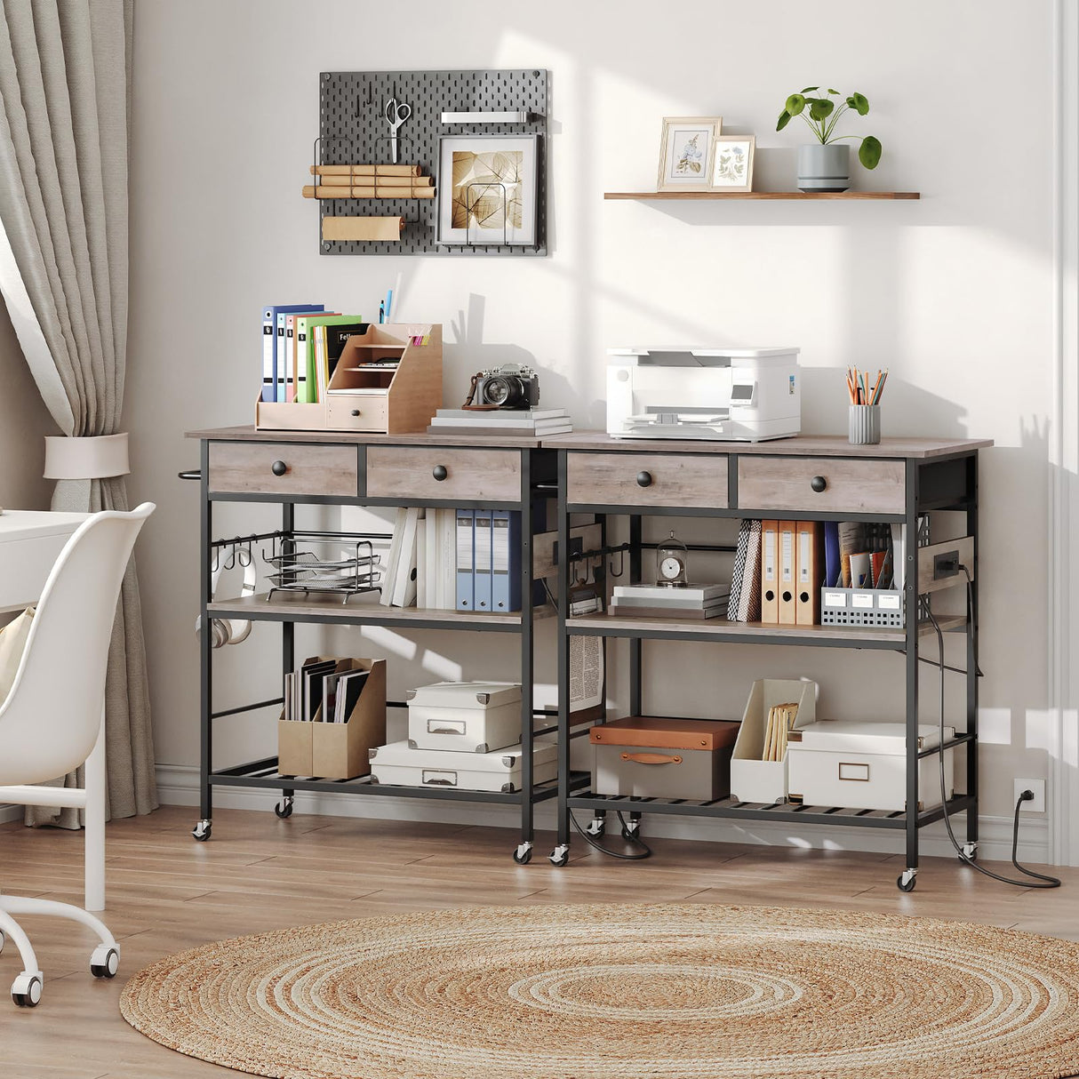 HOOBRO Kitchen Island with Storage, Rolling Island Cart for Kitchen with 2 Drawers & Outlet, 3 Tier Coffee Station and Microwave Stand, Kitchen Island Table for Home, Greige and Black BG08UZD01 HOOBRO